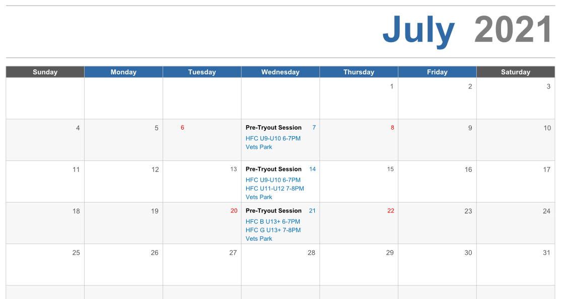 July Pre-Tryout Practice Sessions